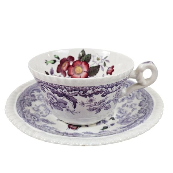 Copeland Spode Mayflower Tea Cup Saucer Set Floral Lavender Border England - Picture 1 of 10